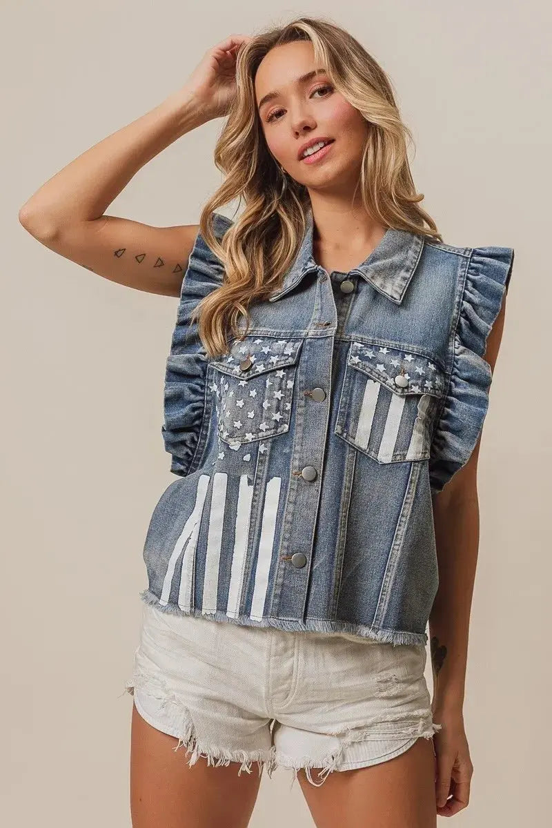 BiBi American Flag Washed Denim Jacket - Love Salve